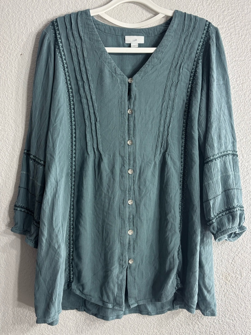J. Jill Dusty Blue Button-Front Pintuck Tunic Blouse Top Boho Flowy Woman M
